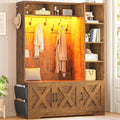 Itaar Hall Tree with Bench and Shoe Storage, Farmhouse Entryway Bench with Coat Rack, Shoe Cabinet with Adjustable Shelves, 6 Storage Cubbies, 10 Coat Hooks, Storage Bag, Led Lights, Rustic Brown
