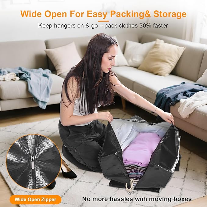 CHVEGLUZ 6 Packs Moving Bags Heavy Duty Extra Large,Storage Bags with Zipper&Handles, Sturdy&Durable Clothes Storage Bags Totes for College Dorm Essentials, Moving Boxes for College Supplies, Black
