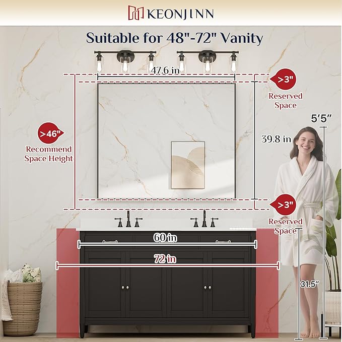 Keonjinn 48 x 40 in Brushed Nickel Bathroom Mirror, Rectangular Wall Metal Framed Vanity Mirror Square Corner Aluminum Alloy Modern Rectangle Wall-Mounted Mirror(Horizontal/Vertical)