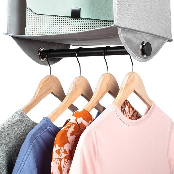 HOLDN’ STORAGE Hanging Closet Organizer with Garment Rod – Heavy Duty 3-Shelf Hanging Shelves for Clothes, Sweaters & Shoes, Reinforced 600D Fabric Storage Unit with Built-in Clothing Rod, Grey
