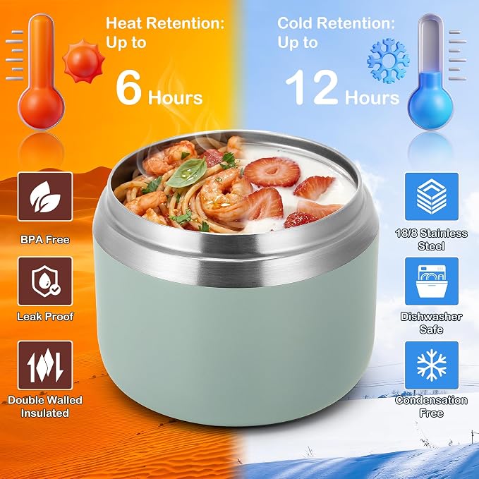 MAXSO 14oz Vacuum Insulated Food Jar with Spoon Buckle Lid, Kids Soup Thermo for Hot Food Wide Mouth Leakproof Stainless Steel Lunch Container - Green