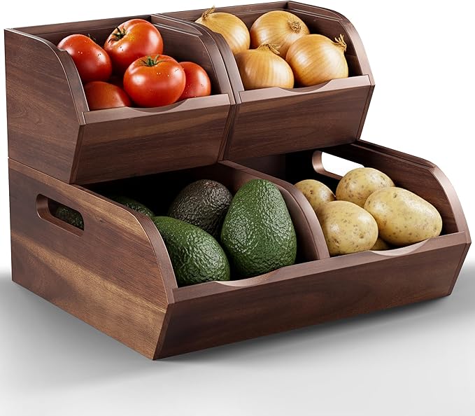 Acacia Potato and Onion Storage Bin - Stackable Wooden Storage Bins with Airflow Vent - Onion and Potato Storage Baskets for Kitchen Countertop Storage Organizer