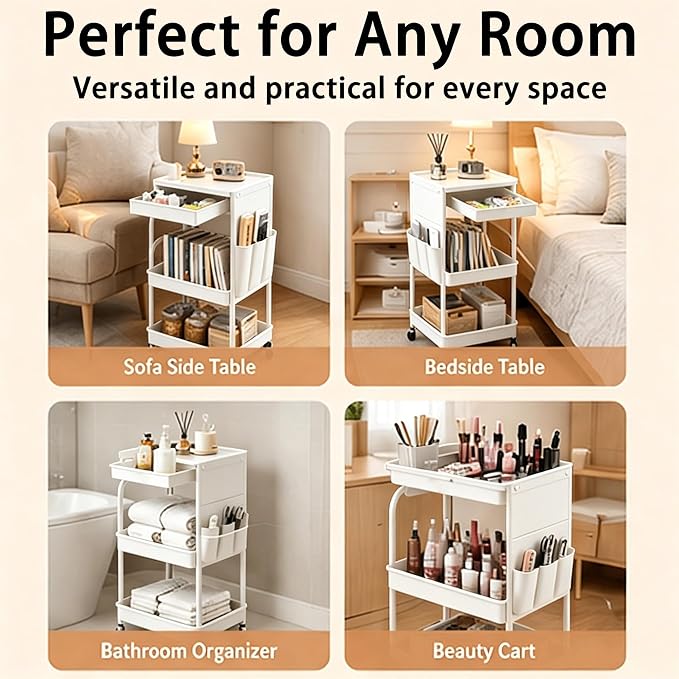 BLULEE 3-Tier Rolling Storage Cart with Pull-Out Drawer & Side Organizer | Heavy-Duty Carbon Steel Utility Cart with Lockable Wheels, Mobile Organizer Rack for Bathroom, Makeup, Nursery & Kitchen