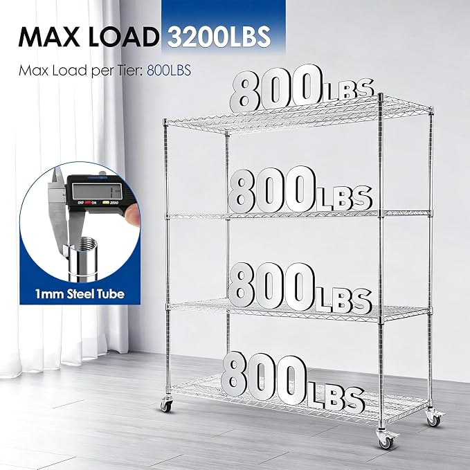 Rengue 60" W Storage Shelves with Wheels 4-Tier Heavy Duty Wire Shelving 72" H x 24" D Large Metal Storage Rack with Adjustable Garage & Pantry Shelves, 3200 LBS Commercial Grade, Chrome, Silver