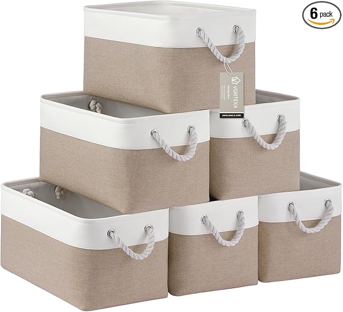 Large Storage Baskets- 15x11x10 inch Storage Bins for Shelves and Closet Organizing, Foldable Fabric Bin for Home Organization Clothes and Laundry (6-Pack, White&Khaki)