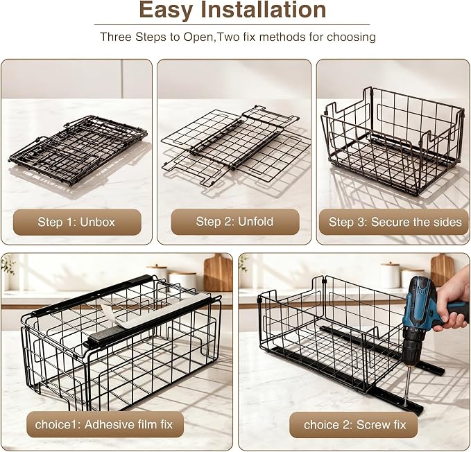 Pull Out Cabinet Sliding Basket Organizer, No Drill, Black | Heavy Duty Slide Out Drawer for Kitchen Cabinet, Adhesive Sliding Shelves for Kitchen Bathroom Home, 13.8"D x 8.5"W x 6.3"H