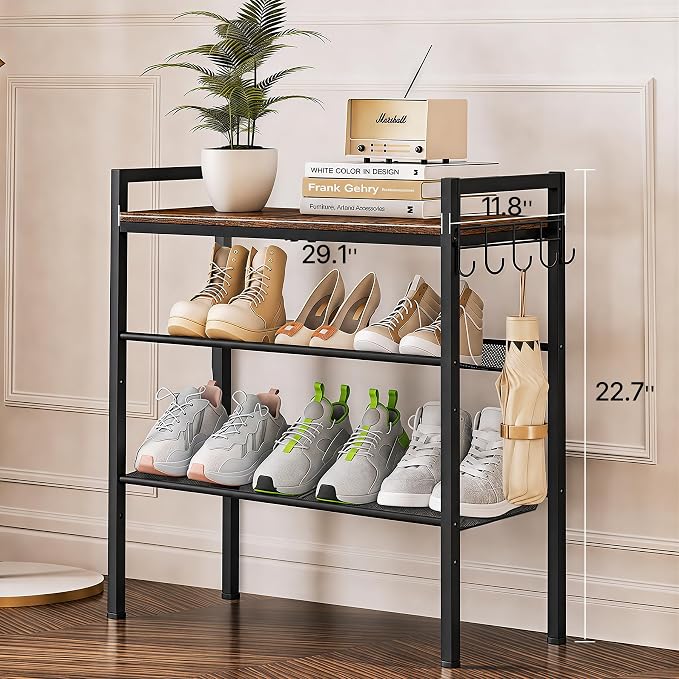 3 Tier Shoe Rack, Shoe Rack for Entryway with Hook, Shoe Organizer with Adjustable Mesh Shelves, Metal Shoe Storage, Closet, Bedroom Living Room Garage