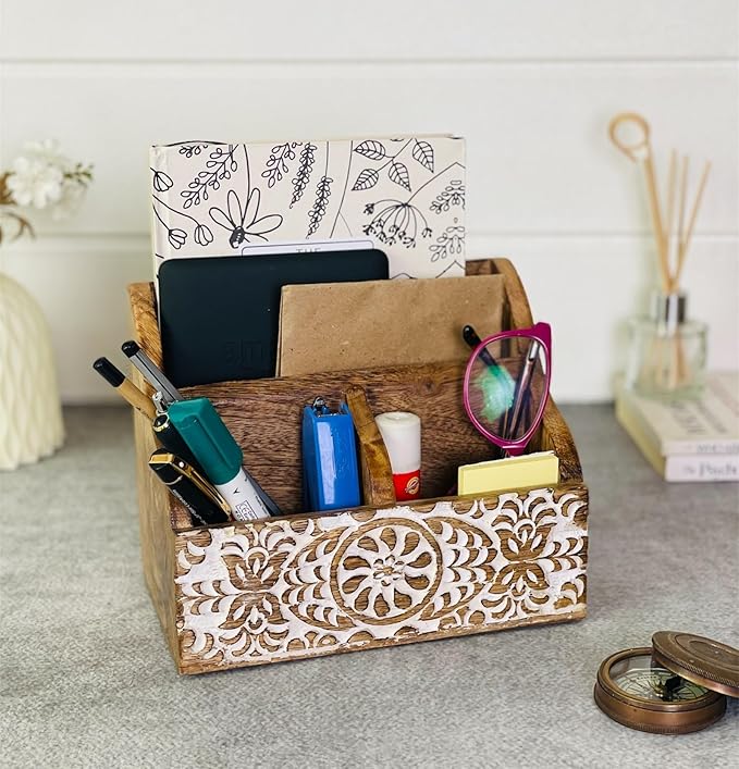 Mie Creations Wooden Office Desk Organizer, Farmhouse Stationery Caddy 8'' | Countertop Holder for Pen, Remote, Marker, Art Supplies Accessories, Aesthetic Modern Work Study Table Stand, White Shabby