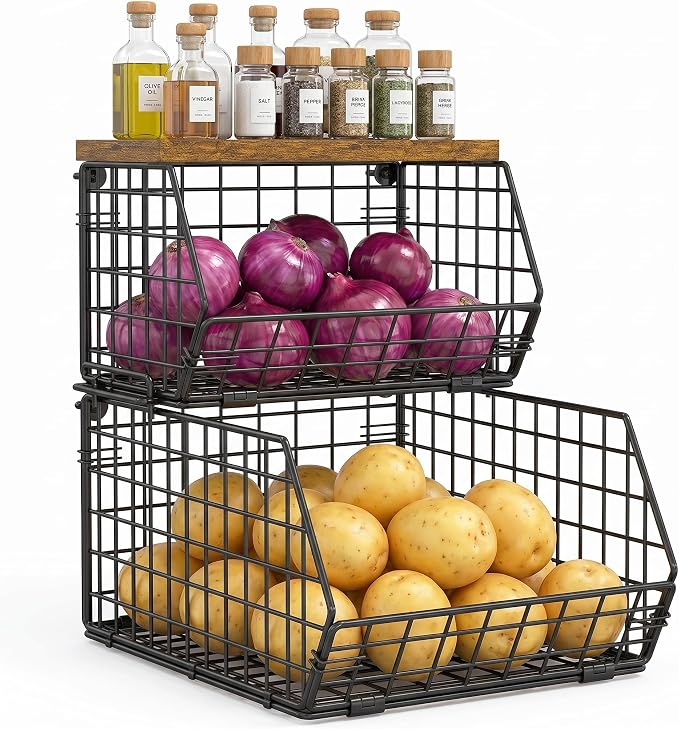 Potato and Onion Storage Bin with Wooden Top, 2-Tier Stackable Wire Basket | Wall basket for Food, Snacks and Fruit and Vegetable Storage with Kitchen Pantry Organizer for Counter, Cabinet, Under Sink