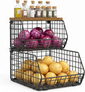 Potato and Onion Storage Bin with Wooden Top, 2-Tier Stackable Wire Basket | Wall basket for Food, Snacks and Fruit and Vegetable Storage with Kitchen Pantry Organizer for Counter, Cabinet, Under Sink