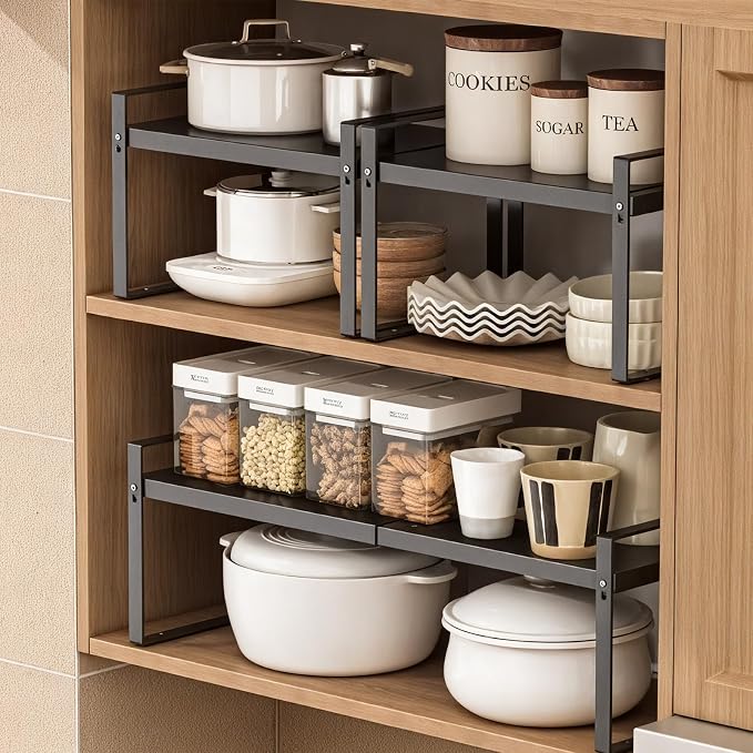 Expandable Cabinet Shelf, Lengths Adjustable Shelf Organizer Riser, Metal Space-Saving Cupboard Organizers for Kitchen Cabinet Pantry Cupboard Under Sink Countertop, Black