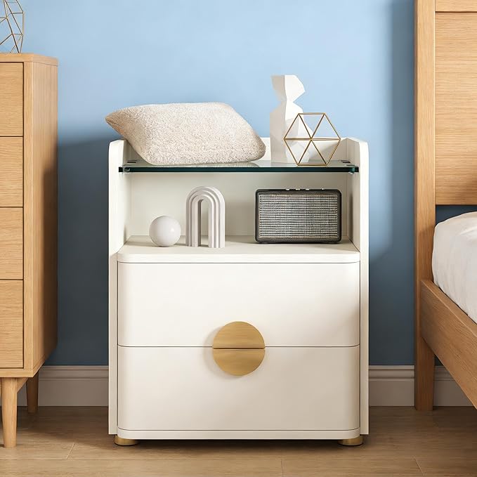 20" Stylish Freestanding Storage Chest, Accent Cabinets with Adjustable Foot Pads, Utility Organizer with Open Niche for Living Room, Gold,White