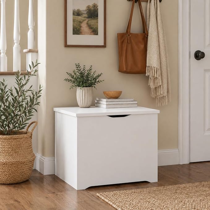 Furinno Basic Storage Chest, Storage Bench with Safety Hinged Soft Closed Lid, Storage Box, 15.6 x 23.6 x 18, for Living Room, Bedroom, Entryway, White