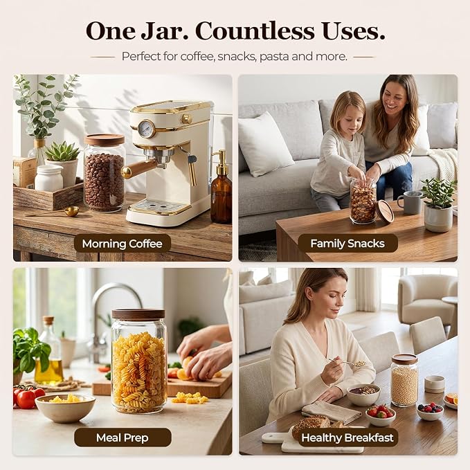 ComSaf Glass Jar with Acacia Wood Lid 34oz 1Pack, Food Storage Container | 1L Canister, Oats Coffee Sugar Pasta Candy Cookies Nuts, Kitchen Pantry, Decorative, Countertop Display, Food-Grade, Label