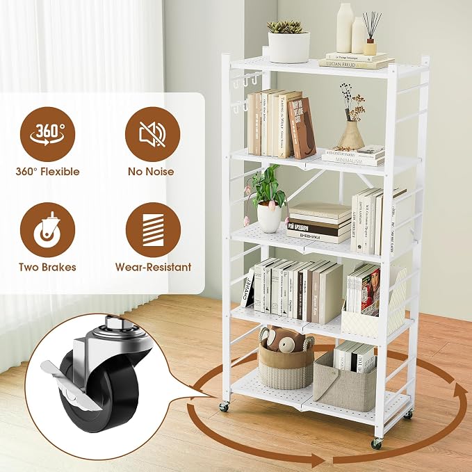 Fenbeli 5 Tier Folding Storage Shelf with Wheels – Heavy Duty Metal Organizer Rack, No Assembly Collapsible Utility Shelving Unit for Garage, Kitchen, Pantry, Basement, Office (White-A, 5 Tier)