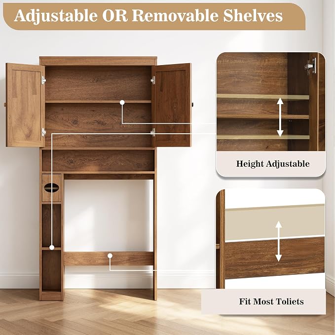 Over The Toilet Storage Cabinet Bathroom Shelf Over Toilet Bathroom Organizer Space Saver Rack with Adjustable Shelf (Brown- Yellow, Rattan Style)