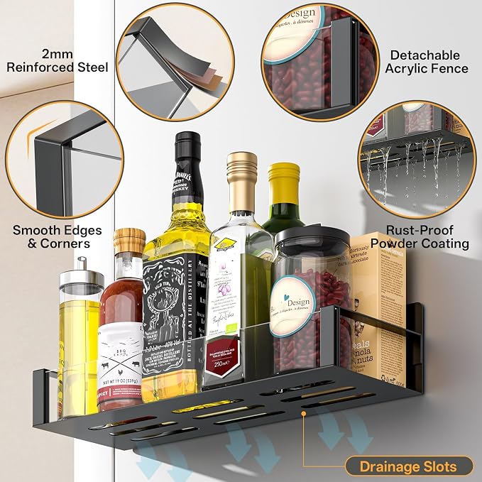 DTUQYX Magnetic Spice Rack for Refrigerator, 8 Pack Clear Acrylic Front Metal Magnetic Shelves with Magnet Hooks Rack, Utensil Caddy & Adjustable Paper Towel Holder, No Drill Kitchen Storage Organizer