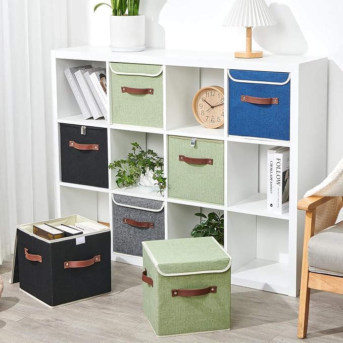 2PCS Storage Cubes with Lid Fabric Storage Bin Box PU Leather Handles Cotton Linen Closet Organizer Container Decorative Foldable Washable Shelf Cloth Basket (Zipper Lid, Deep Blue, 11in)