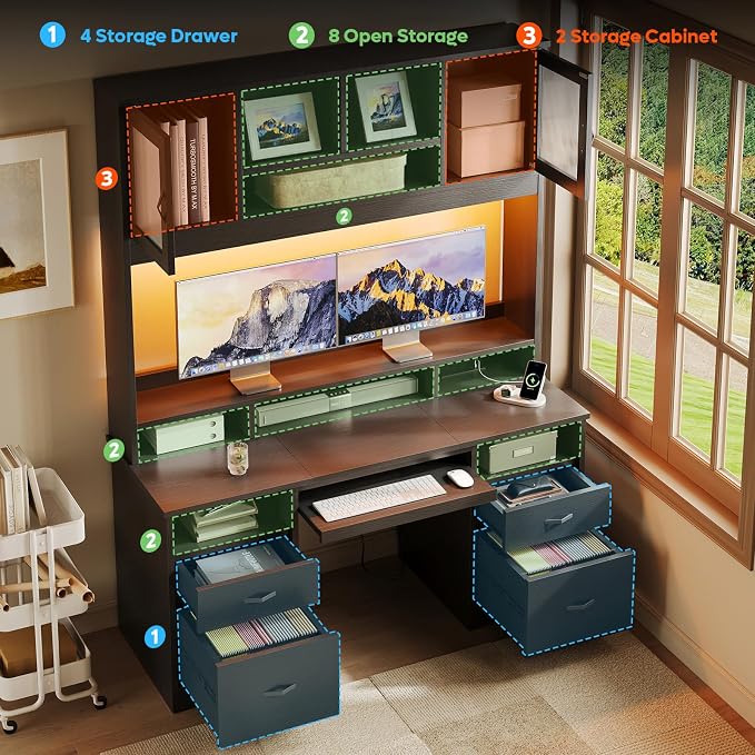 Bestier 77.8" H Computer Desk with Hutch, Charging Station, LED Light,Black | Modern Wood Executive Desk with Drawers, Fluted Storage Cabinet, Keyboard Tray, 59" W Office Desk for Home Office