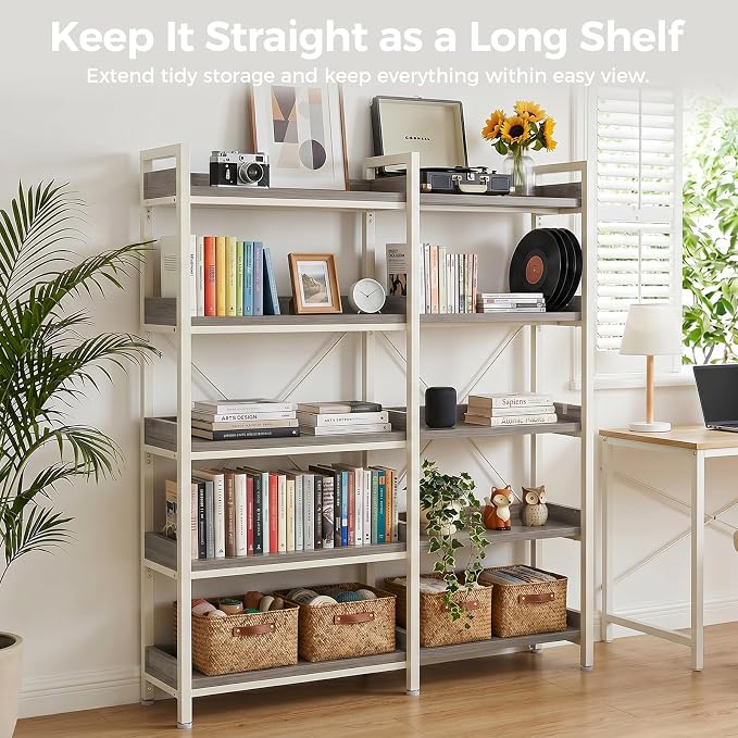 GTPLAYER 5-Tier Corner Bookshelf, L-Shaped Metal Frame Shelf with Tall 14" Shelves, Plant Stand and Storage Rack for Small Spaces, Living Room and Home Office, Grey