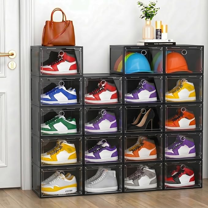 Large Shoe Boxes Clear Plastic Stackable, 8 Pack Drop Side Shoe Storage Organizer with Magnetic Door, Shoe Container Sneaker Storage Display Case Fit up to US Size 13 Black