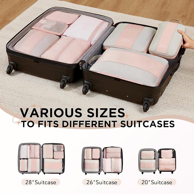 OlarHike 8 Set Compression Packing Cubes for Travel Gifts Mom Women,Airplane/Cruise/Car Travel Essentials,Compressible Expandable Space Saver Bags,Garment Bags with Over 1000 pcs Mesh Holes(Beige)