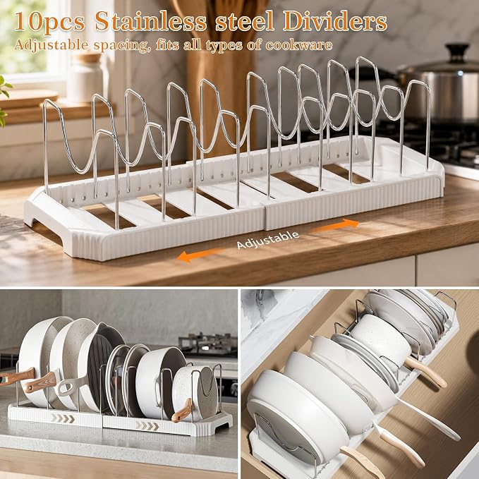 2 Pack Expandable Pots and Pans Organizer Under Cabinet, 13-22" Kitchen Cabinet Organizer with 10 Adjustable Dividers and 10Pcs Pot Protectors for Lids, Baking Sheets & Cookware (2, White)