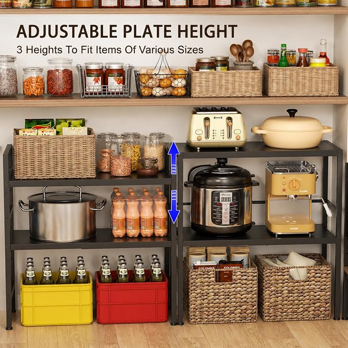 Expandable Metal Storage Shelves, 300 LBS Heavy Duty Metal Shelving Unit Rack For Pots And Pans Appliances Heavy Items, Adjustable 2 Tier Storage Shelf Rack Organizer For Kitchen Pantry Garage Laundry