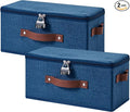 2PCS Storage Bins Box with Zipper Lid Combination Lock PU Leather Handles Cotton Linen Fabric Lockable Basket DVD CD Case Foldable Closet Shelf Organizer Container (Deep Blue, 13"x 6"x 6")