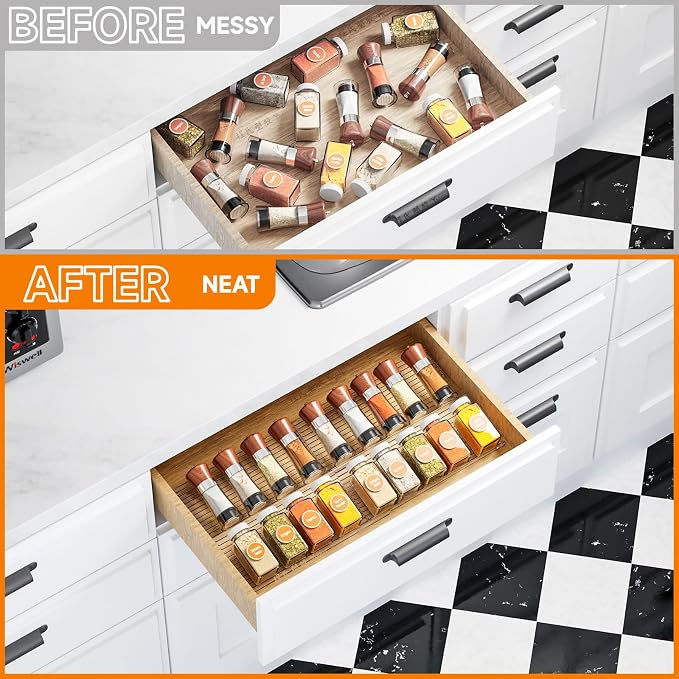 Yieach 4 Pack Adjustable In Drawer Spice Organizer - Expandable From 11'' to 22'' - Acrylic Drawer Seasoning Organizer,Clear Spice Organization Tray for Cabinet Drawers Condiment,Nail Polish and Jar