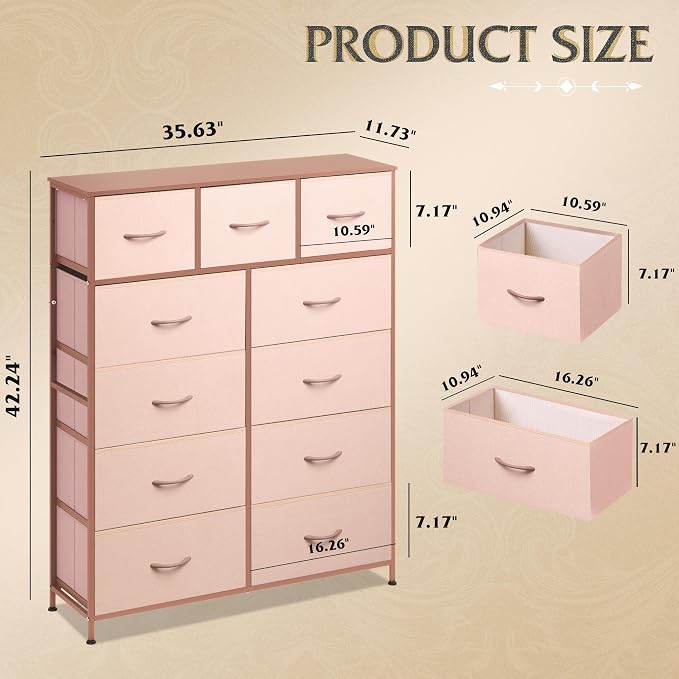 WLIVE Tall Dresser for Bedroom, Fabric Dresser Storage Tower, Chest of Drawers Organizer Unit with 11 Drawers, Storage Cabinet, Hallway, Closets, Steel Frame, Wood Top, Pink