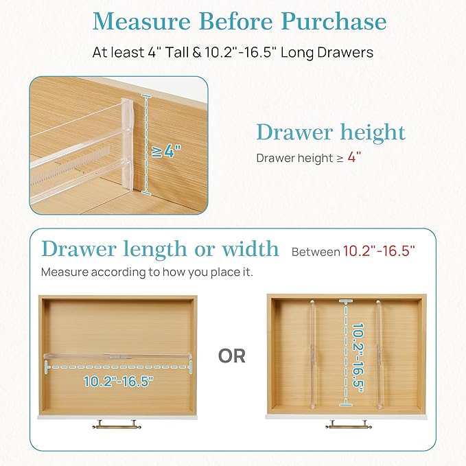 Vtopmart 12 Pack Drawer Dividers for Clothes, 4" High 10.2"-16.5" Adjustable Expandable Dresser Drawer Organizer, Clear Plastic Separators for Dresser, Baby Clothing, Underwear, Cosmetic, Toiletries