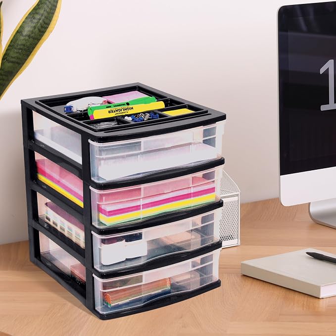 Gracious Living 4 Drawer Desktop & Countertop Organizer w/Organization Lid for Craft Storage, Office Supplies & School Supplies, Black/Clear (4 Pack)