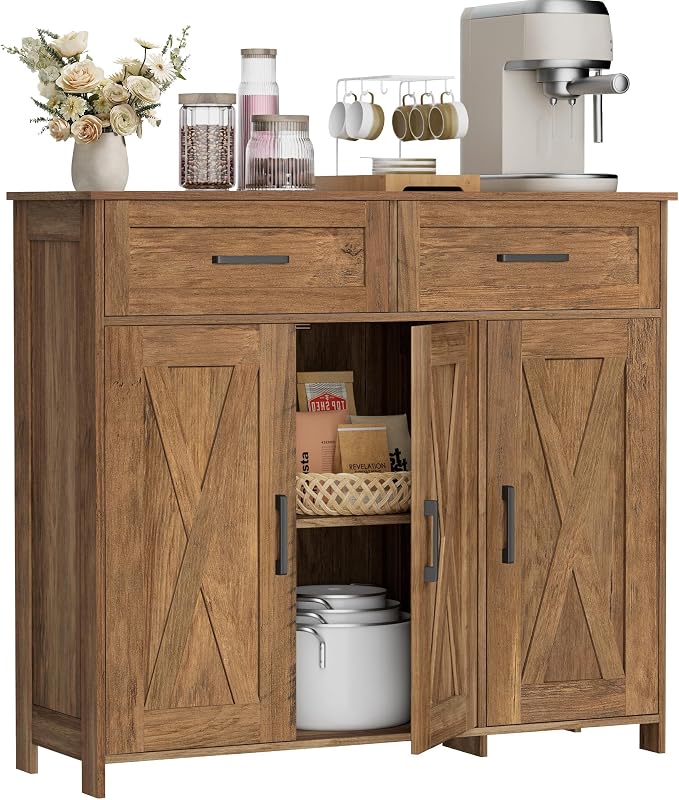 Homhedy Sideboard Buffet Cabinet, Coffee Bar Storage Cabinet with Drawers and Doors, Farmhouse Kitchen Cabinet with Adjustable Shelves, for Kitchen, Dining Room, Living Room, Rustic Walnut