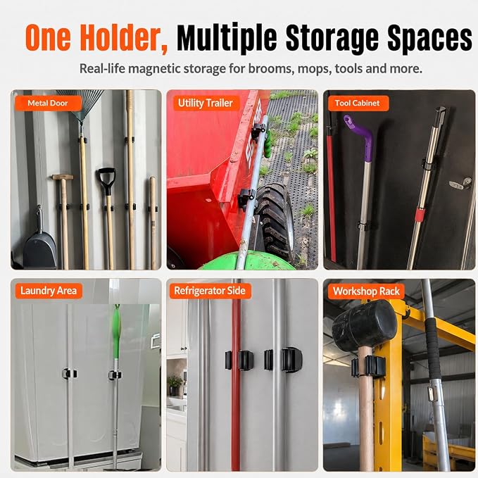 3-H Magnetic Broom Holder 4pcs, Stainless Steel No Drill Mop Holder Wall Mount with 2 Mini Magnetic Hooks, Movable Magnet Tool Organizer for Garage Laundry Kitchen Garden RV,Black