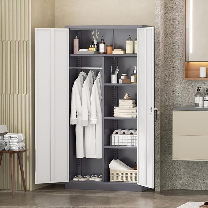 INTERGREAT Wardrobe Cabinets with Locking Doors and Shelves, Clothing Locker 72“ X 36“ X 18“ Storage Cabinets for Home Room, School, Employee,Gym (Gray White)