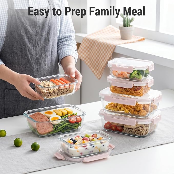 Dealusy 10 Sets (20-Piece) 36 oz & 12 oz Glass Food Storage Containers with lids, Airtight Leak-proof Glass Meal Prep Containers with Lids, Microwave Oven Freezer Dishwasher Safe, Pink
