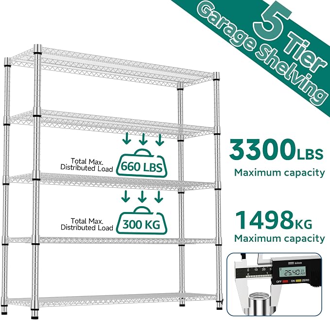 M MZG 5 Tiers Shelf 3300 lbs Steel Storage Shelving Utility Shelving Unit Steel Organizer Wire Rack for Home,Kitchen,Office,Garage Chrome 17.7" D x 59.1" W x 70.3" H