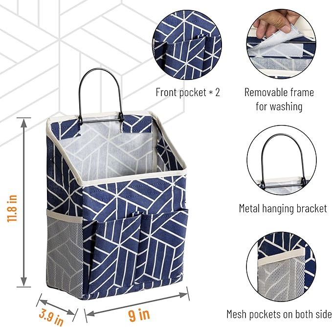 2pcs Wall Hanging Storage Bag, Small Door Closet Linen Fabric Pockets Organizer, Waterproof Multi Functional for Living Room Bedroom Bathroom Kitchen RV Camper with Hooks Pattern Navy