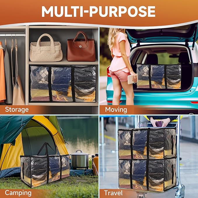CONGREGATE 4 Pack Extra Large Moving Bags with Zippers and Carrying Handles, Heavy-Duty Storage Tote Moving Boxes for Space Saving, Semi-Transparent 97L/25.6Gal (28.7"x13.7"x15")