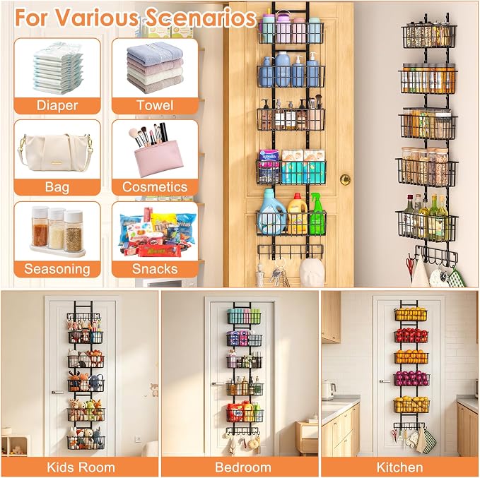 Hongtamoya Adjustable Over the Door Organizer, Metal Hanging Door Organizer with 5 Wire Basket 7 Hooks, Wall Mounted Shelf for Pantry Laundry Organization and Storage, Black
