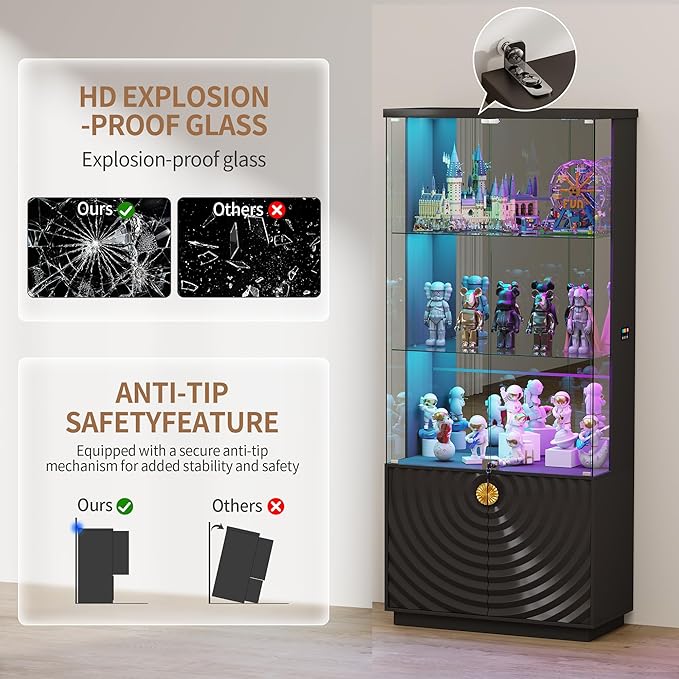 Lvifur 71'' Display Cabinet with Glass Doors,4-Tier Curio Cabinet with 3-Color Lights for Collectibles,Lockable Glass Display Case with Human Body Sensor,Tall Bookcase w/Shelves&Drawers,Black