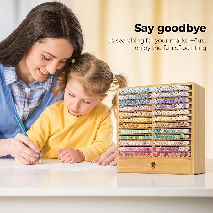 Marker Organizer For 216 Markers, Bamboo Storage Rack With Drawer | 24 Compartments And Pull-Out Drawer For Alcohol Markers, Pens, Art Supplies, Desks, And Craft Rooms