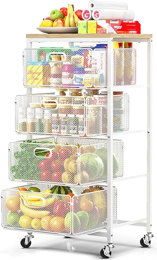 SUNALLY Rolling Kitchen Cart with Drawers, 4-Tier Utility Cart Fruit Vegetable Storage Cart with Lockable Wheels, Wooden Top Metal Kitchen Storage Organizer for Cans, Snacks, Beauty, Craft, Art, White