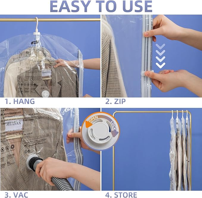 Hanging Vacuum Storage Bags, 4 Pack Short Size 41.3 x27.6 inch, Vacuum Seal Bags for Clothing, Space Saver Garment for Short Clothes, Coats, Suits, Dresses, Closet Oragnization and Storage