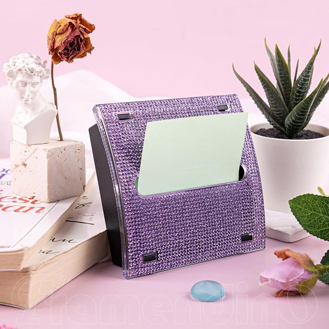 Framendino, Bling Self Sticky Note Holder 3 x 3 Inch Crystal Post It Notes Dispenser for Office Home Desk Accessories (Purple)