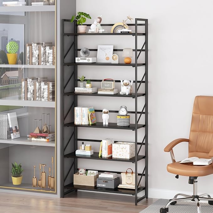 JSB 6 Tier No Assembly Folding Bookshelf, 30.7" Wide Foldable Storage Bookcase for Home Office, Space-Saving Storage Shelf for Living Room (Black)