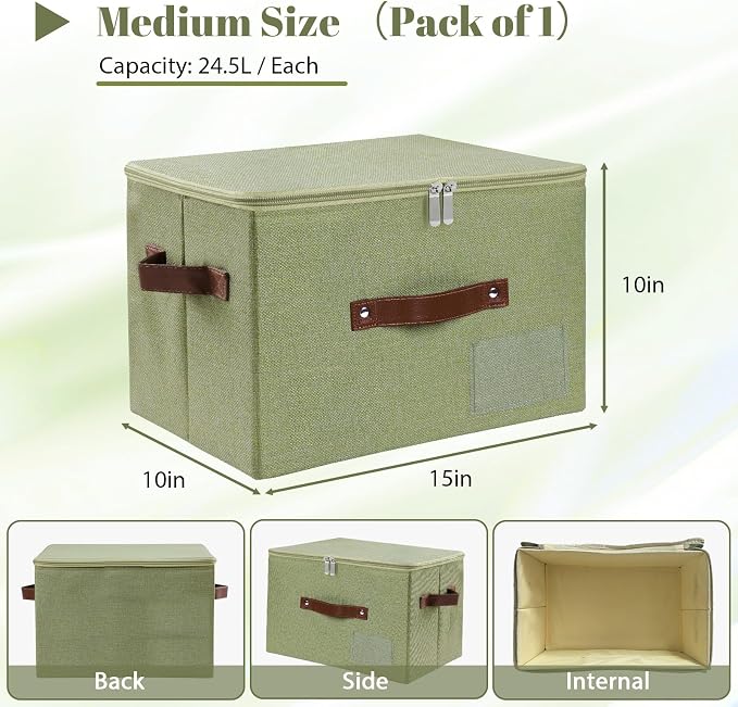 ANMINY Fabric Storage Box Bins with Zipper Lid, Washable Green | Cotton Linen Fabric, PP Board Frame, Label Holder, Stackable & Foldable, PU Handles, Dual-Zipper 3-Side Open Lid, Medium