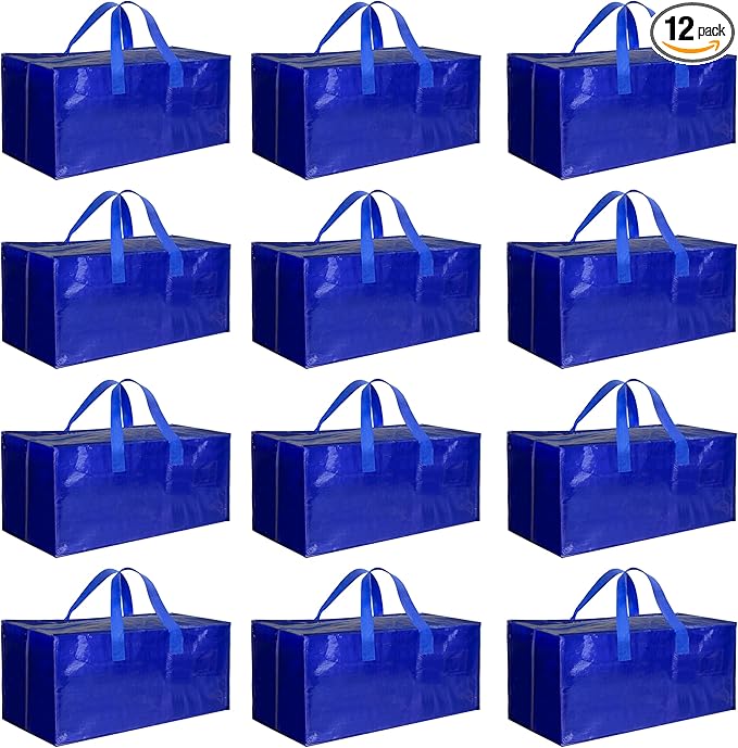 HealSmart 12 Pack Oversize Moving Bags with Carrying Handles & Zippers, Heavy-Duty Storage Tote Moving Boxes for Dorm Room Essentials Storage Bags, Blue