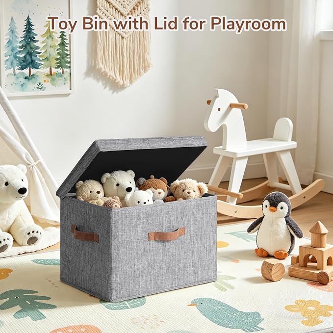 CHICVITA 4-Pack Large Storage Bins with Lids, Fabric Storage Boxes for Organizing, Decorative Storage Boxes with Handles for Clothes Toy, Grey